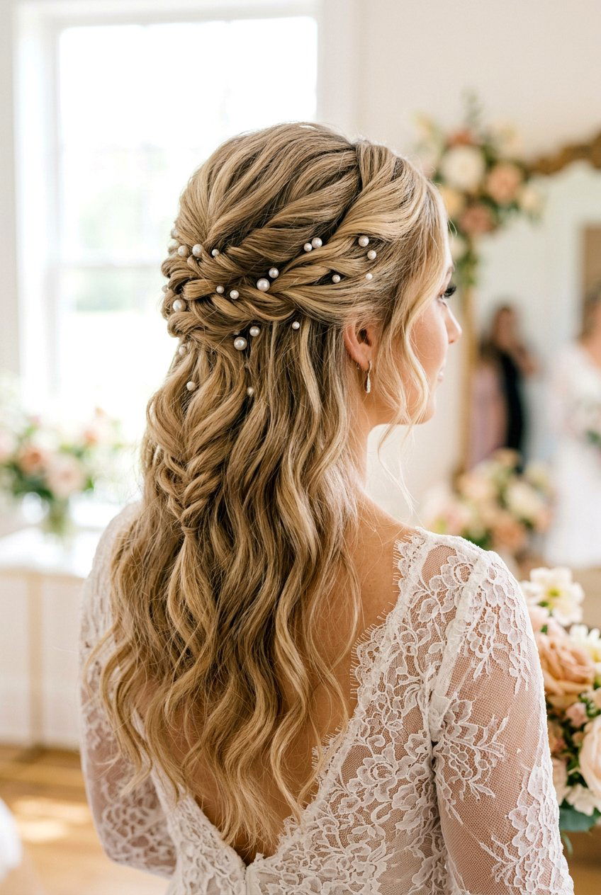 Twisted Half Up Wedding Hair With Pearl Pins - 20 twisted half up wedding hairstyle - 20 twisted half up wedding hairstyle