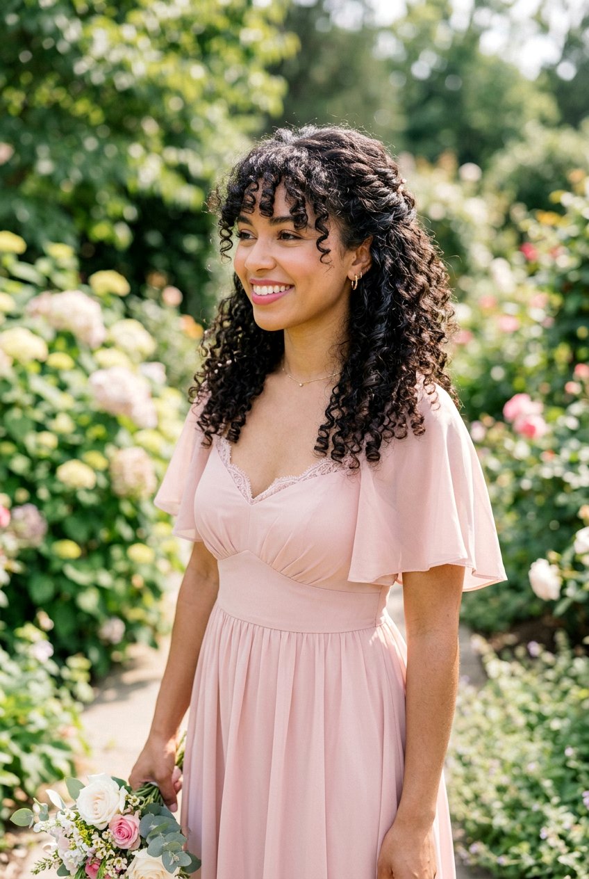 Twisted Half Up With Curly Bangs - 20 wedding guest hairstyle for women with bangs - 20 wedding guest hairstyle for women with bangs