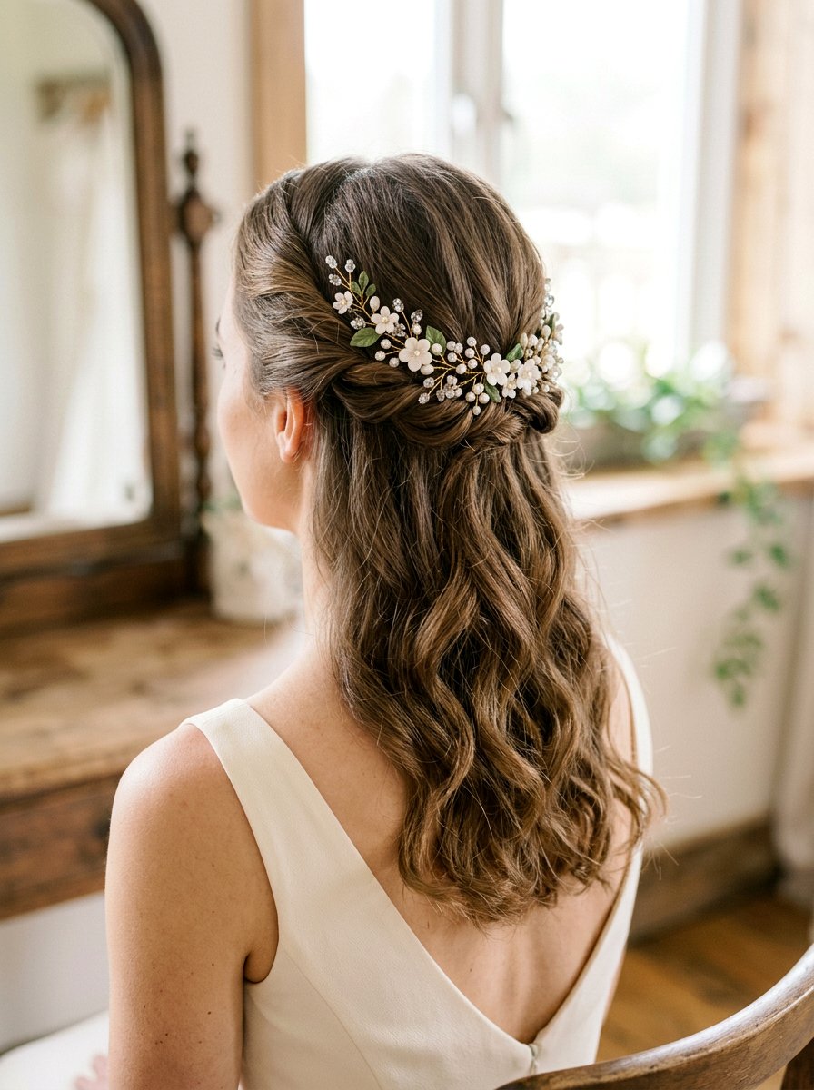 Twisted Half Up With Hair Vine - 20 wedding hairstyles with hair vines - 20 wedding hairstyles with hair vines