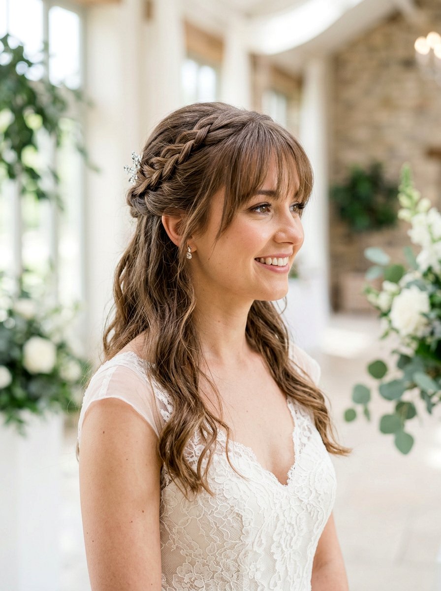 Twisted Half Up with See Through Bangs - 20 wedding hairstyles for brides with bangs - 20 wedding hairstyles for brides with bangs
