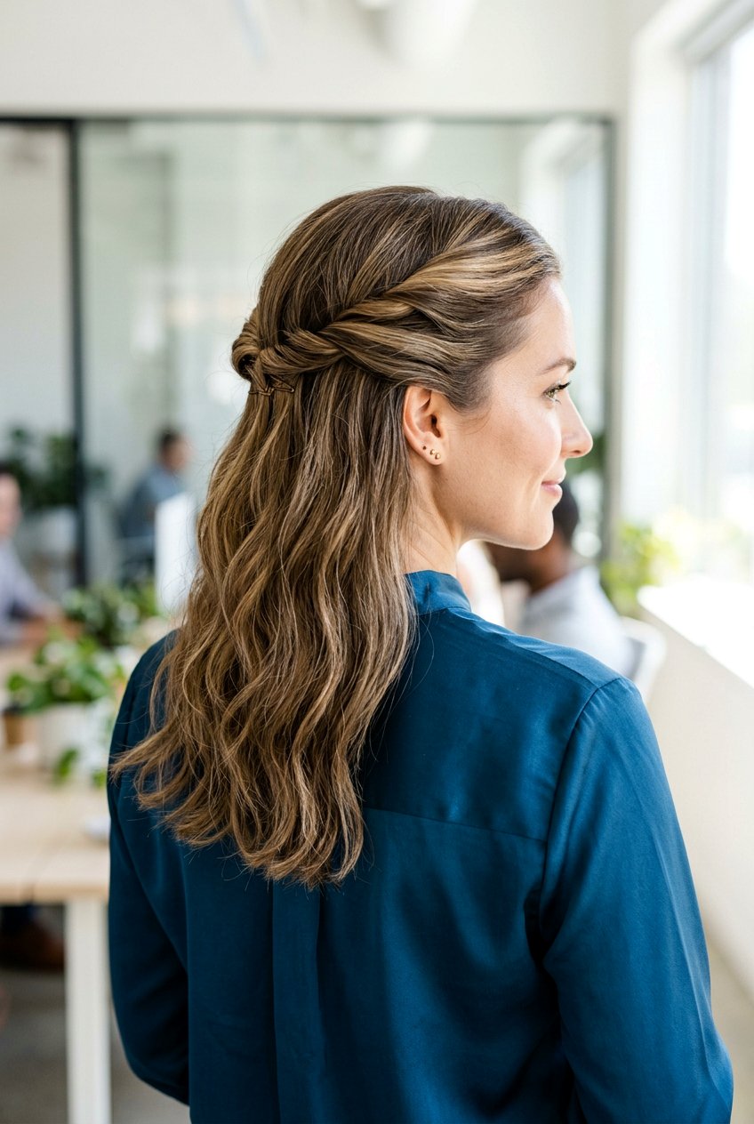 Twisted Half Updo - 20 office hairstyle for thin fine hair - 20 office hairstyle for thin fine hair