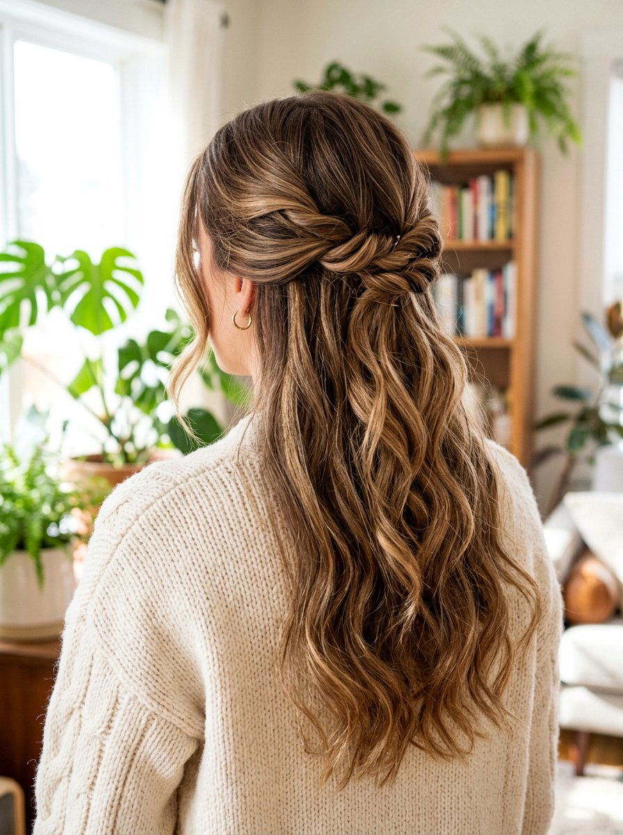 Twisted Half Updo For Long Layers - 20 quick hairstyle for long straight layers - 20 quick hairstyle for long straight layers