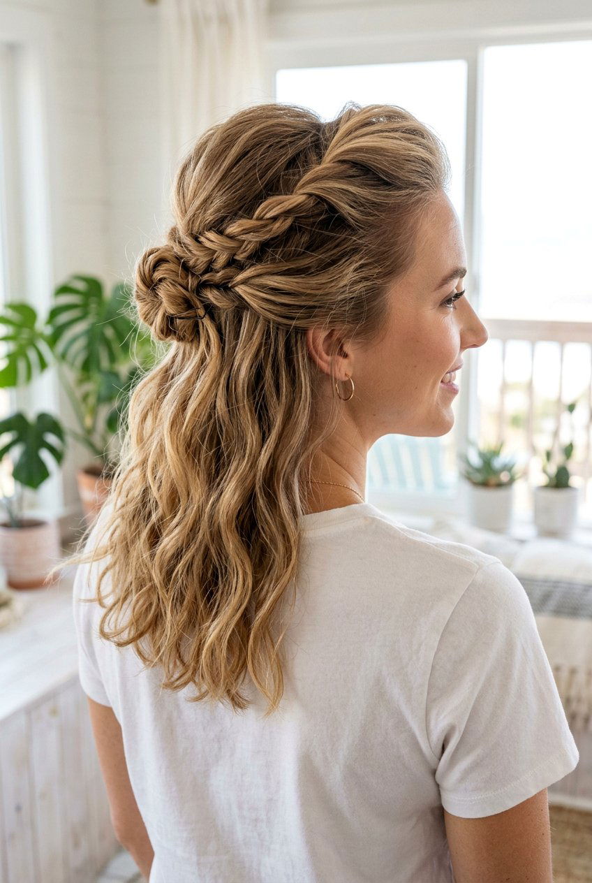 Twisted Half Updo With Beach Waves - 20 beach hairstyle with saltwater waves - 20 beach hairstyle with saltwater waves