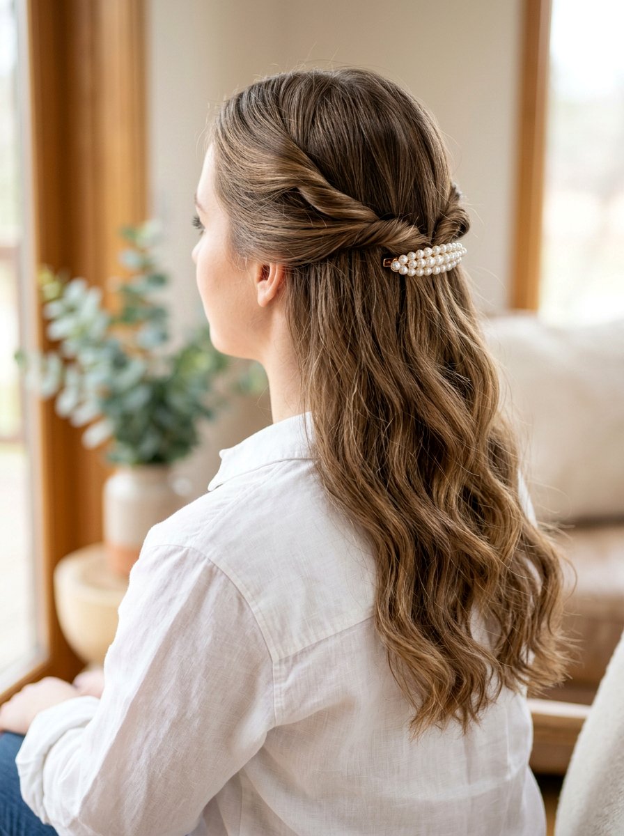 Twisted Half Updo With Pearl Barrette - 20 office hairstyle with pearl barrette - 20 office hairstyle with pearl barrette