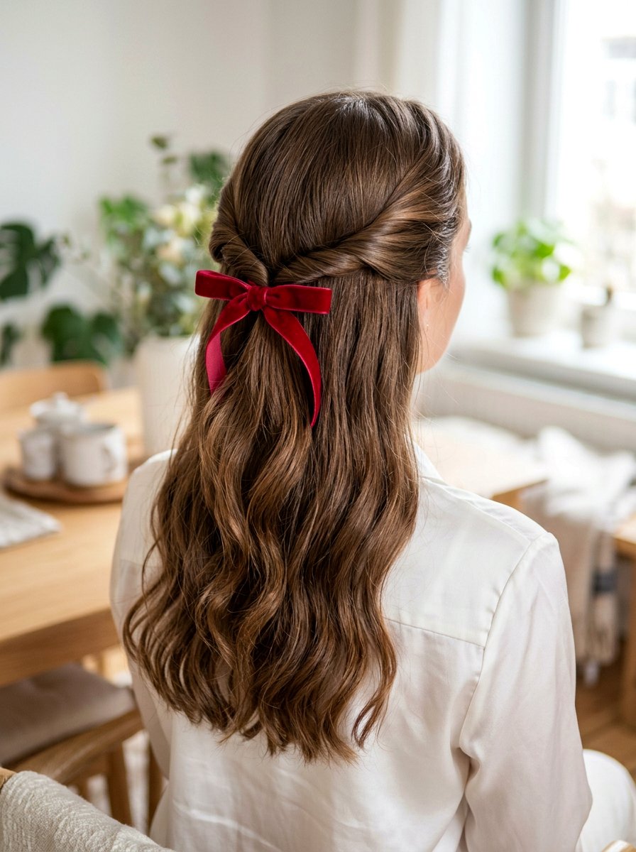 Twisted Half Updo With Red Ribbon - 20 red ribbons for medium brown hair - 20 red ribbons for medium brown hair