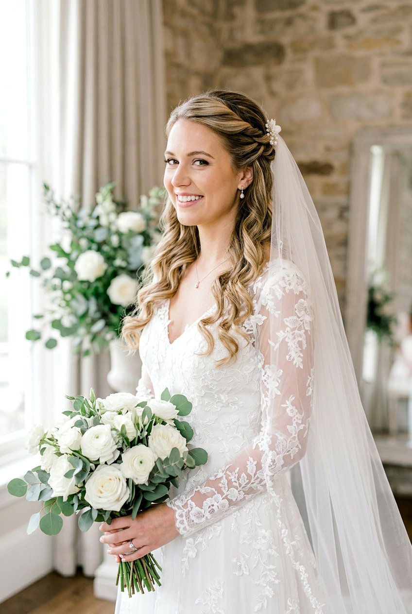 Twisted Half Updo With Veil - 20 bridal hairstyle for thick hair with veil - 20 bridal hairstyle for thick hair with veil