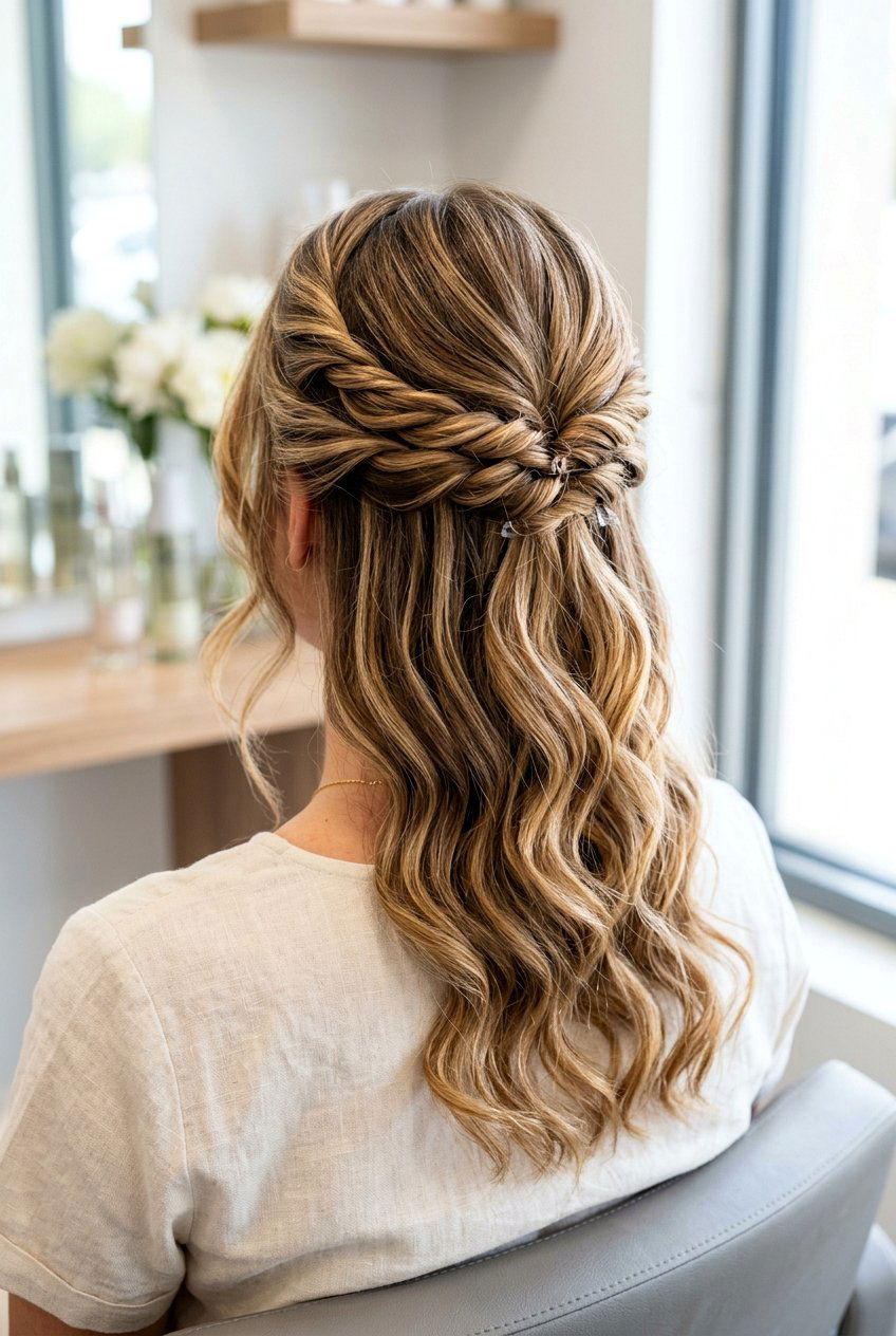 Twisted Half Updo With Waves - 20 half up half down prom hairstyles - 20 half up half down prom hairstyles