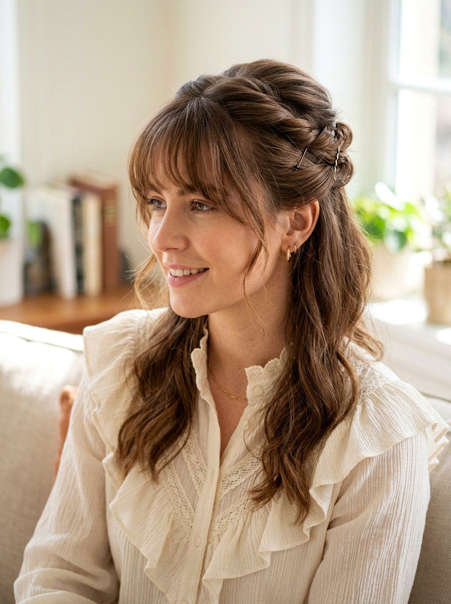 Twisted Half Updo With Wispy Bangs - 20 office hairstyle for women with bangs - 20 office hairstyle for women with bangs