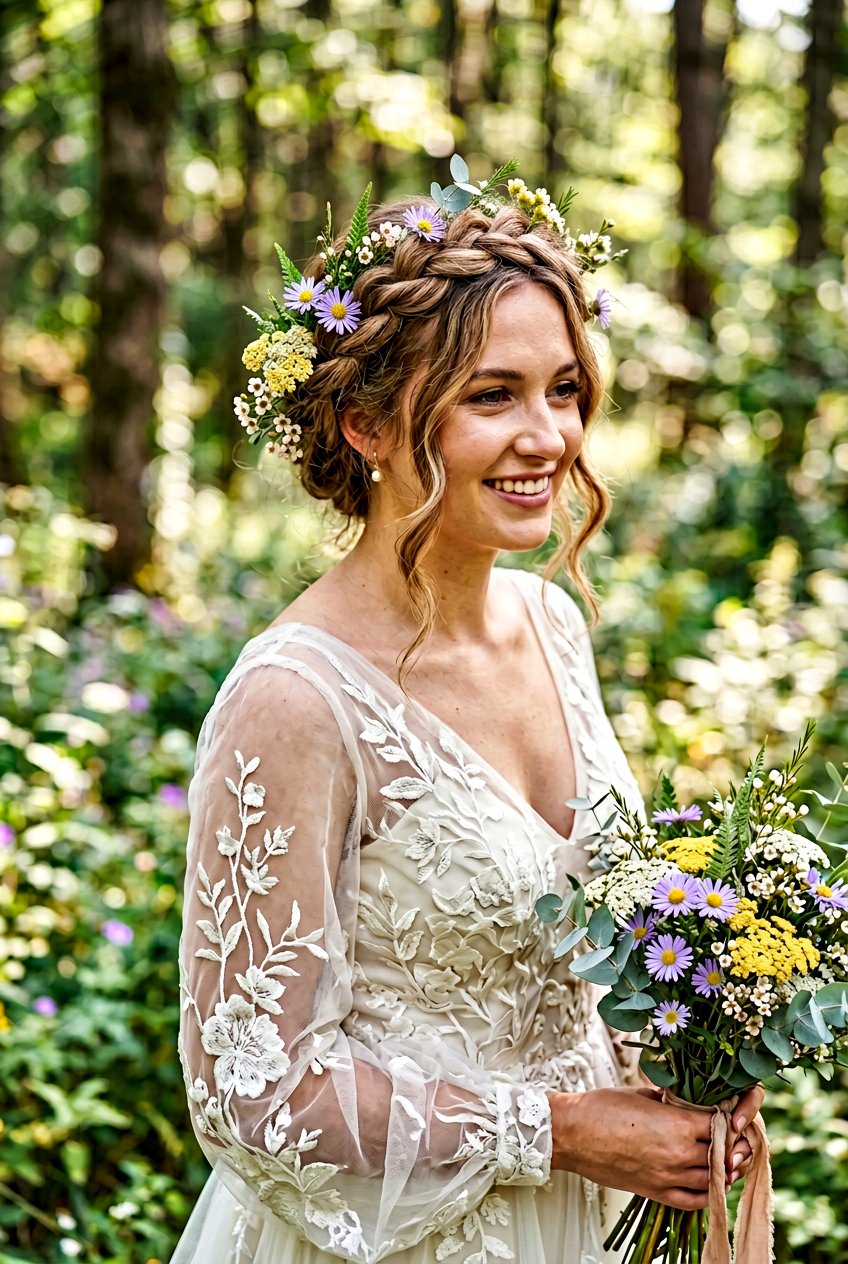 Twisted Halo Braid With Wildflower Sprigs - 20 floral bridal braid hairstyle - 20 floral bridal braid hairstyle