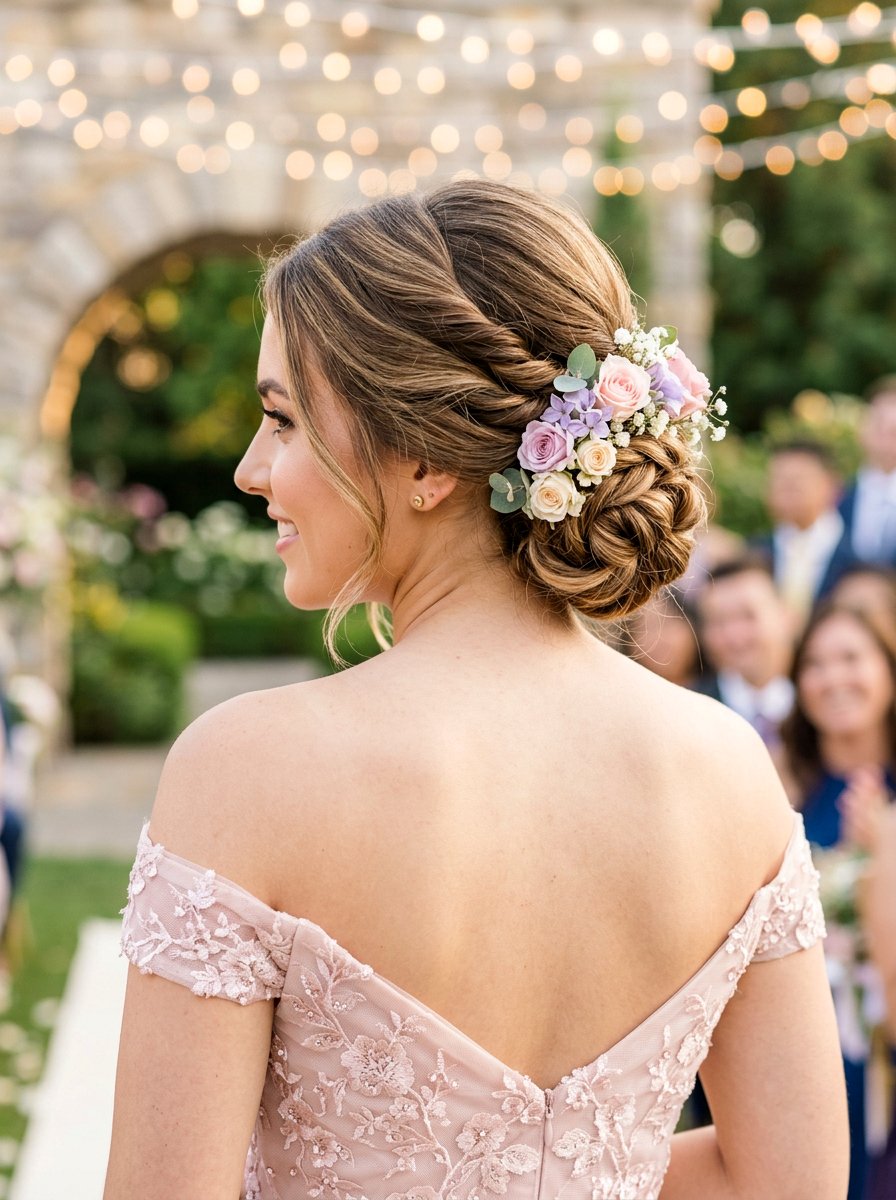 Twisted Low Bun With Flowers - 20 prom low bun for medium hair - 20 prom low bun for medium hair