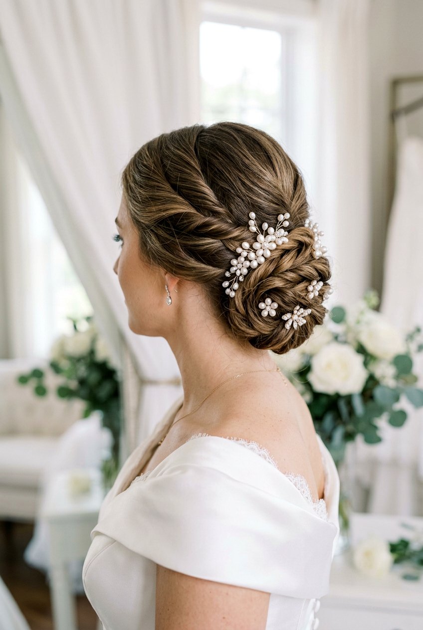 Twisted Low Bun With Pearl Flower Pins - 20 bridal hairstyle with floral pins - 20 bridal hairstyle with floral pins