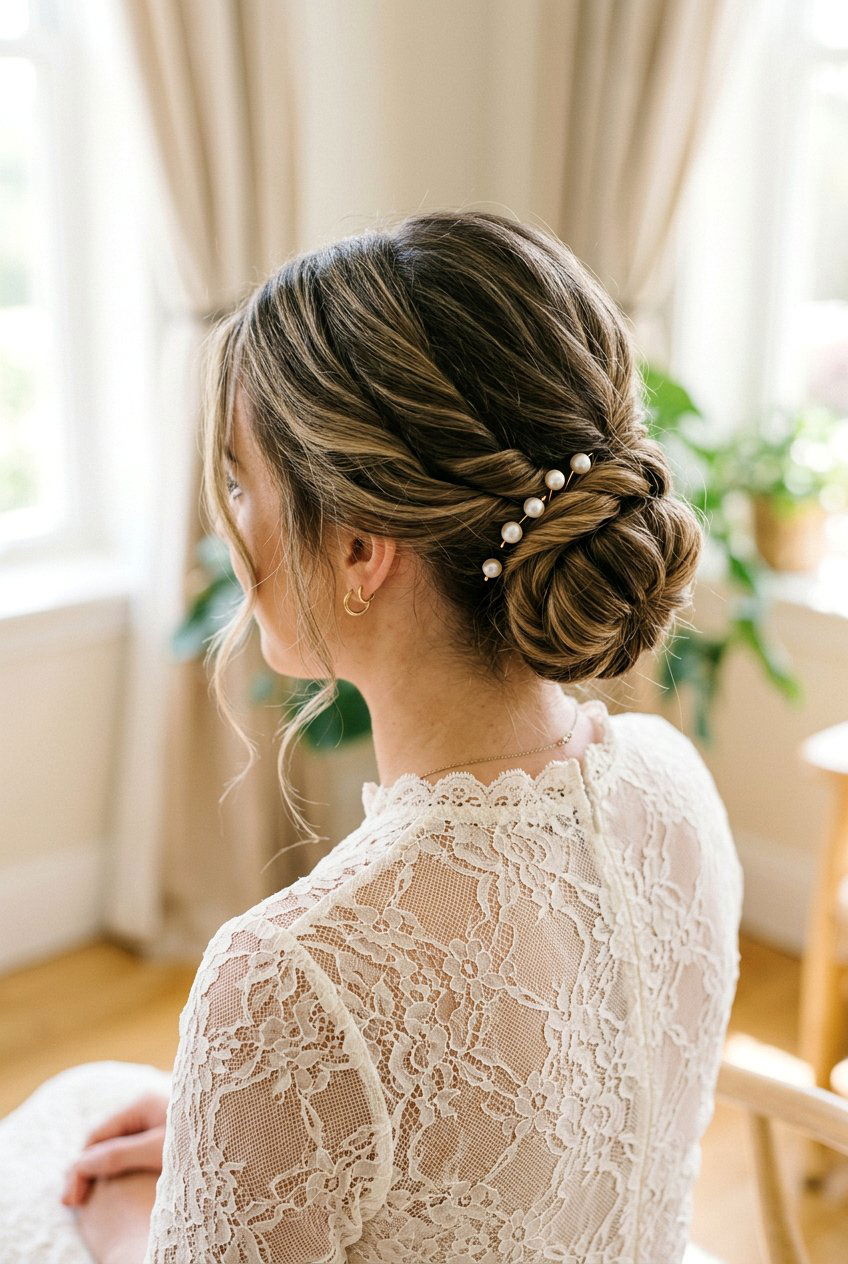 Twisted Low Bun With Pearl Pins - 20 birthday hairstyle with low bun and pearls - 20 birthday hairstyle with low bun and pearls