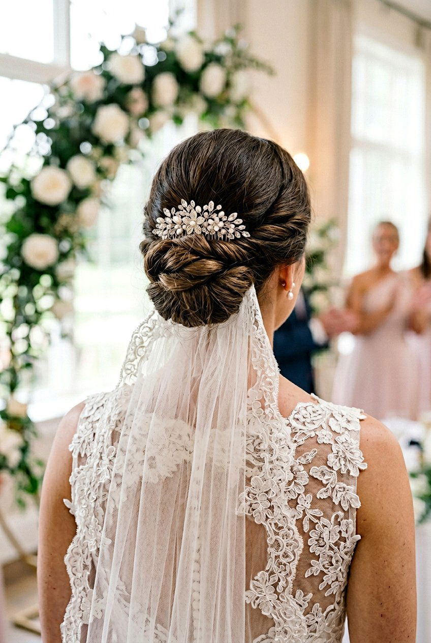 Twisted Low Bun With Veil - 20 twisted low bun hairstyle - 20 twisted low bun hairstyle