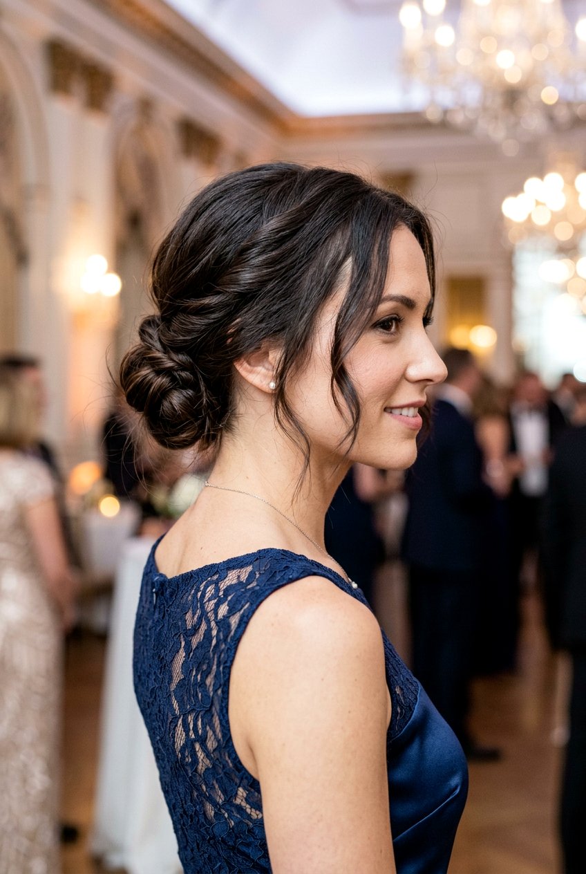 Twisted Low Bun with Loose Strands - 20 wedding guest hairstyles for short hair - 20 wedding guest hairstyles for short hair