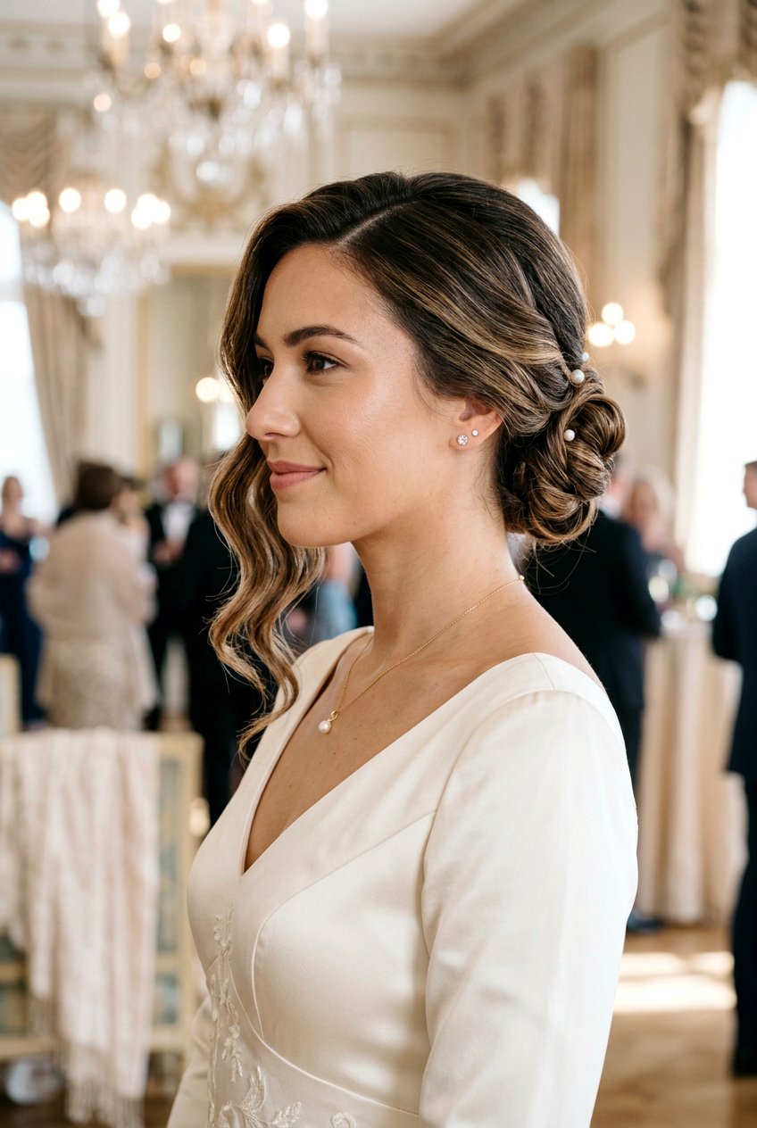 Twisted Low Bun with Wavy Side Parted Strands - 20 mother of the bride hairstyles - 20 mother of the bride hairstyles