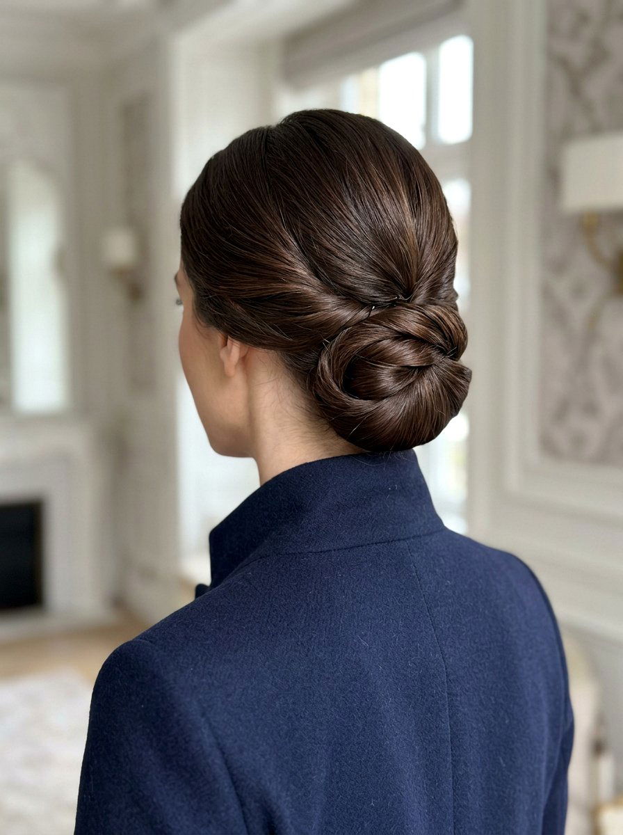 Twisted Low Chignon - 20 vacation hairstyle for airplane travel - 20 vacation hairstyle for airplane travel