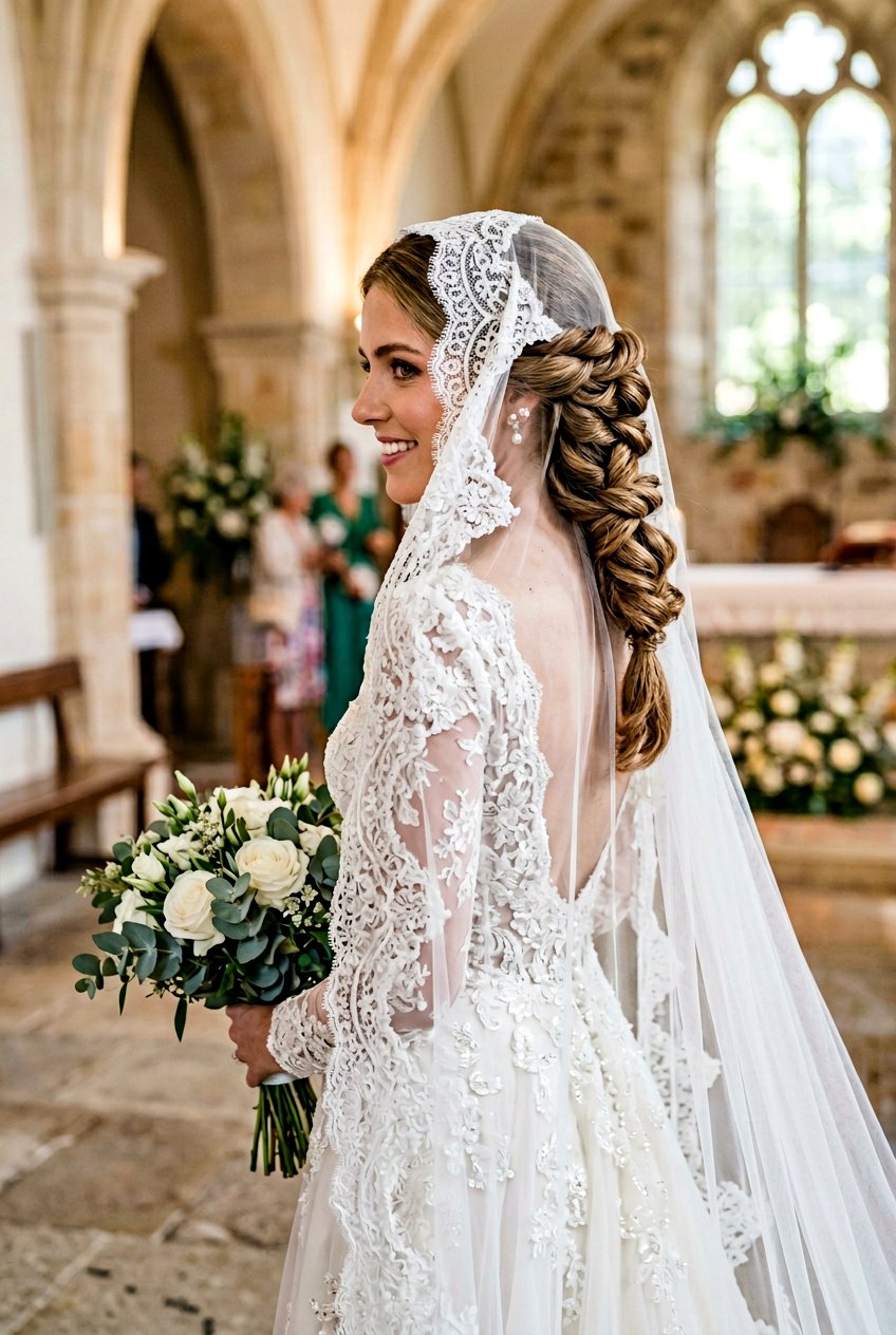 Twisted Low Chignon With Mantilla Veil - 20 bridal hairstyle for thick hair with veil - 20 bridal hairstyle for thick hair with veil