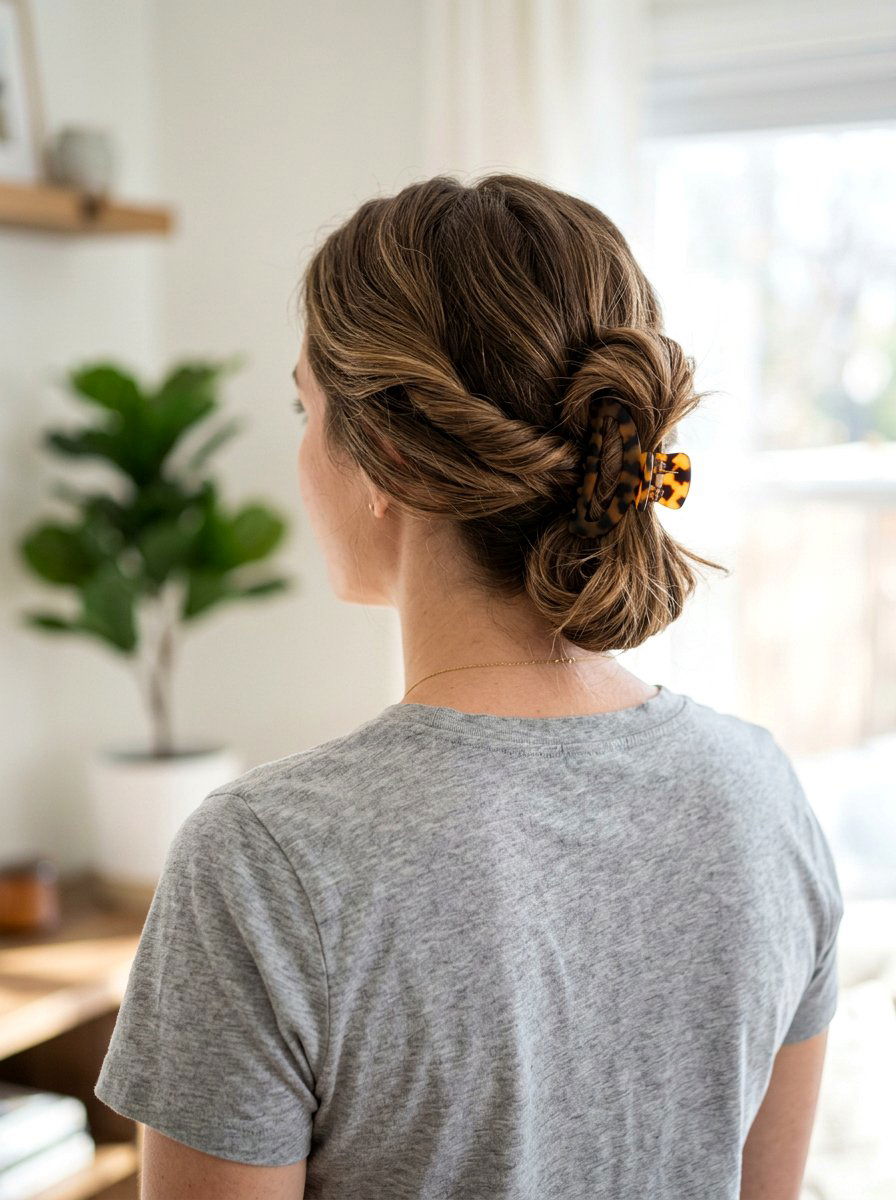 Twisted Low Pony Claw Clip - 20 claw clip hairstyle for moms - 20 claw clip hairstyle for moms