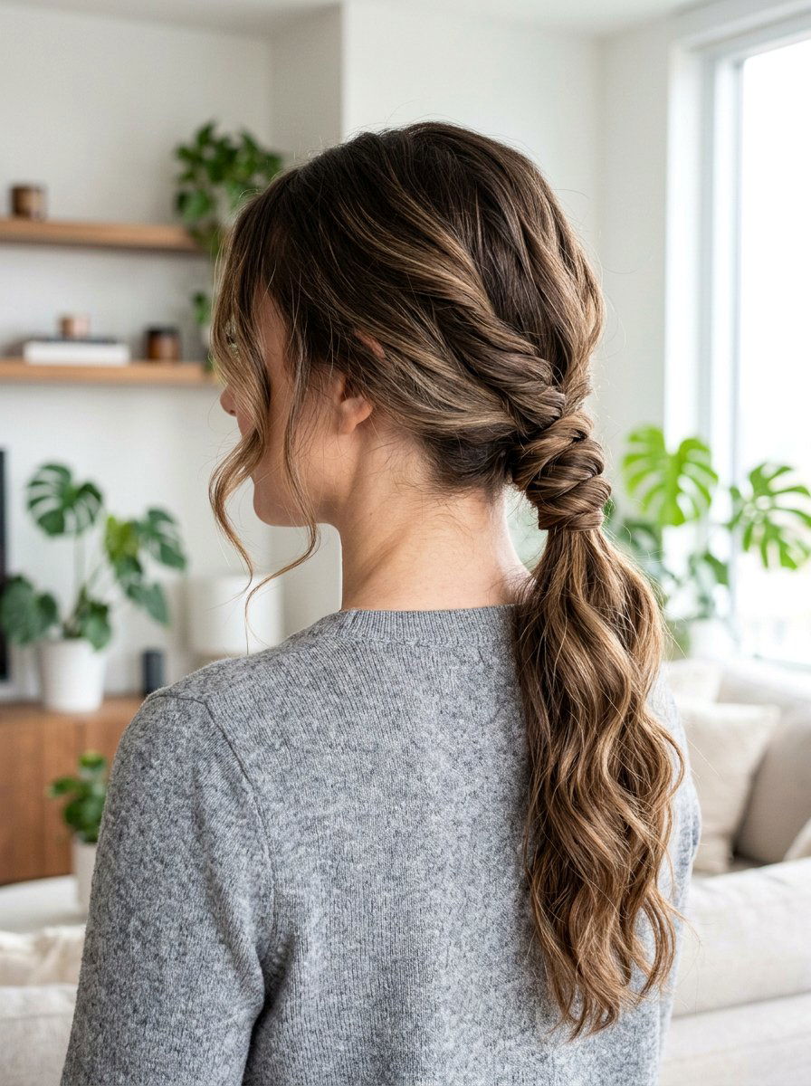 Twisted Low Ponytail - 20 soft glam hairstyle for moms - 20 soft glam hairstyle for moms