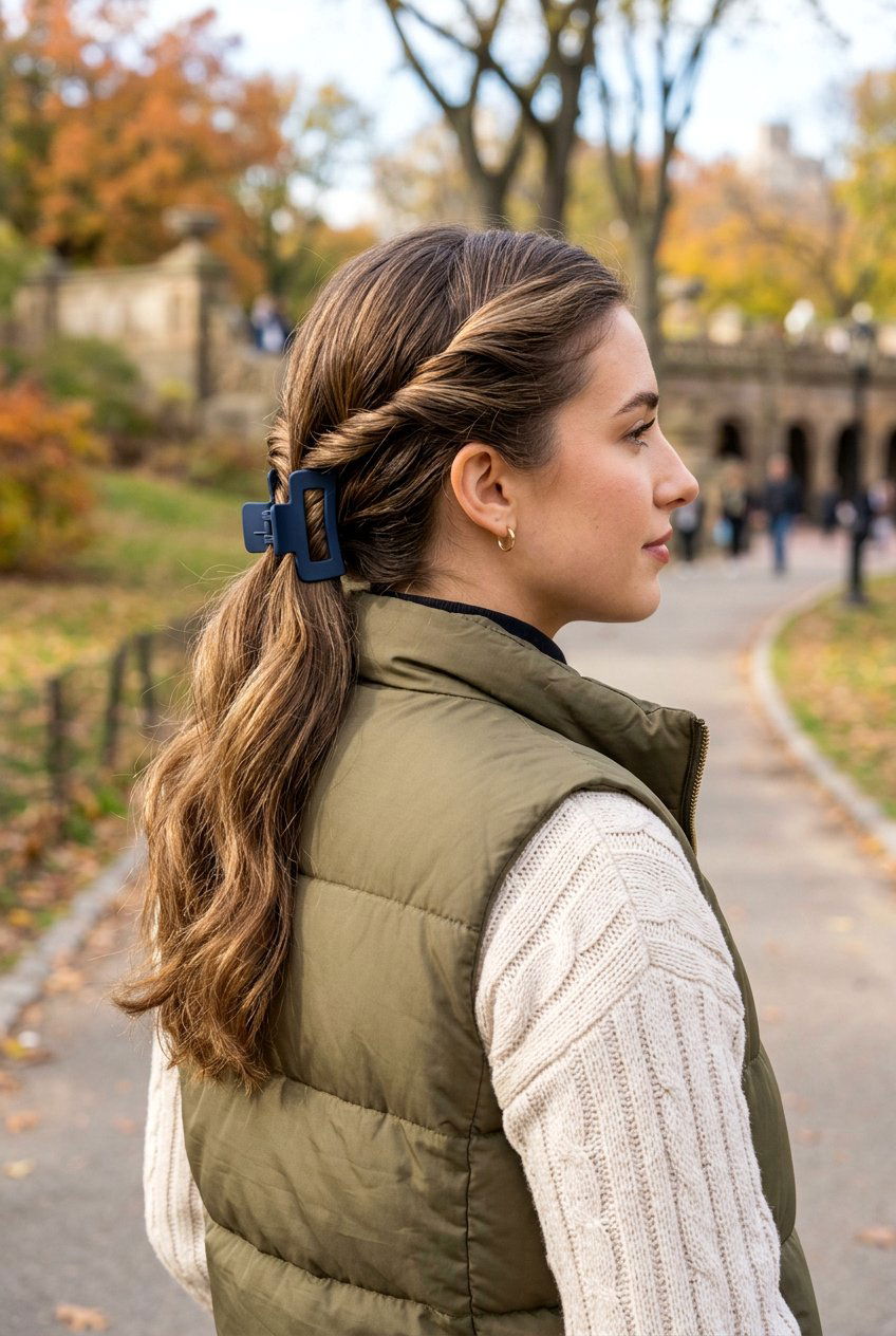 Twisted Low Ponytail - 20 dorm friendly claw clip hairstyle - 20 dorm friendly claw clip hairstyle