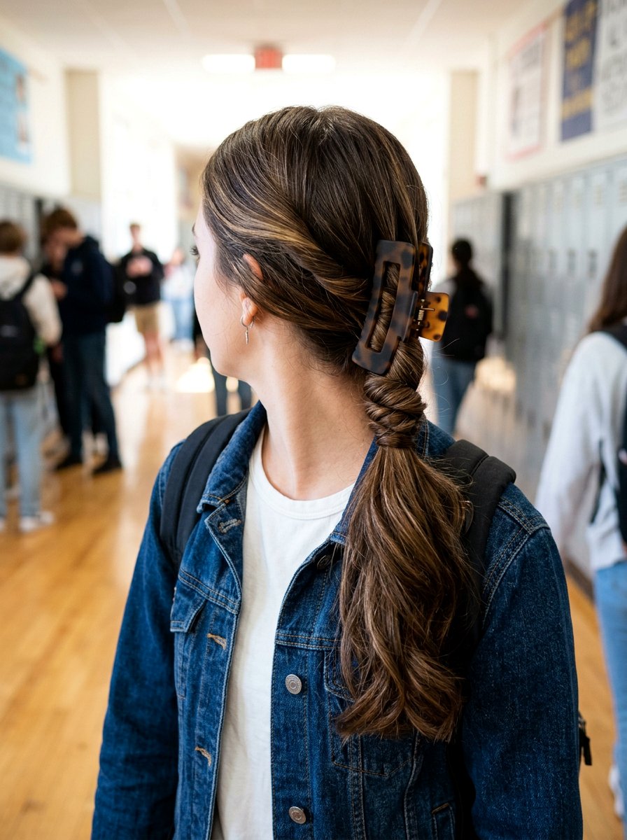 Twisted Low Ponytail With Claw Clip - 20 claw clip hairstyle for school girls - 20 claw clip hairstyle for school girls
