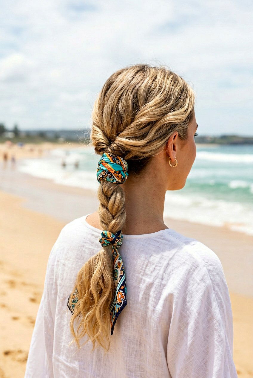 Twisted Low Ponytail With Printed Scarf - 20 beach hairstyle with low scarf ponytail - 20 beach hairstyle with low scarf ponytail