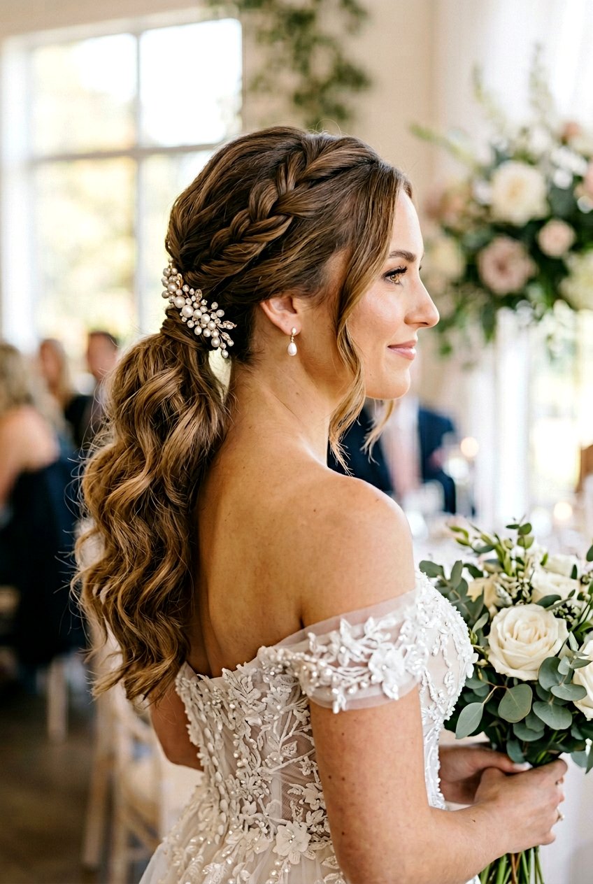Twisted Low Ponytail With Voluminous Waves - 20 bridal low ponytail with waves - 20 bridal low ponytail with waves