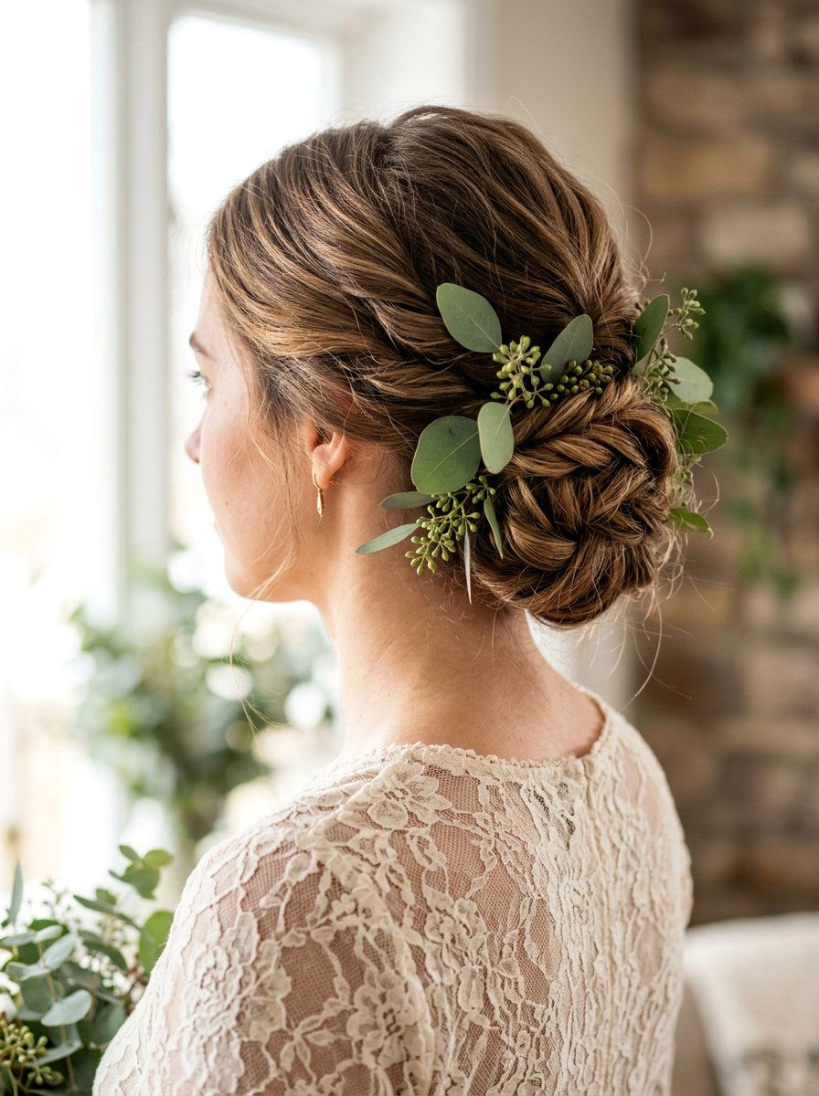 Twisted Low Updo With Greenery - 20 wedding hairstyles for garden ceremony - 20 wedding hairstyles for garden ceremony