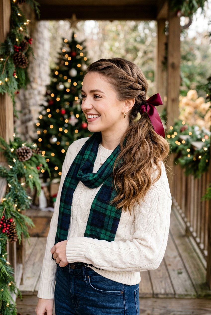 Twisted Sides Ponytail With Satin Bow - 20 christmas bow ponytail - 20 christmas bow ponytail