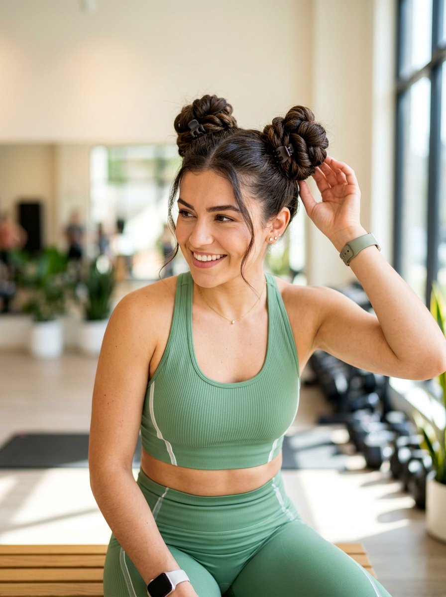 Twisted Space Buns With Claw Clip - 20 gym hairstyle with claw clip twist - 20 gym hairstyle with claw clip twist