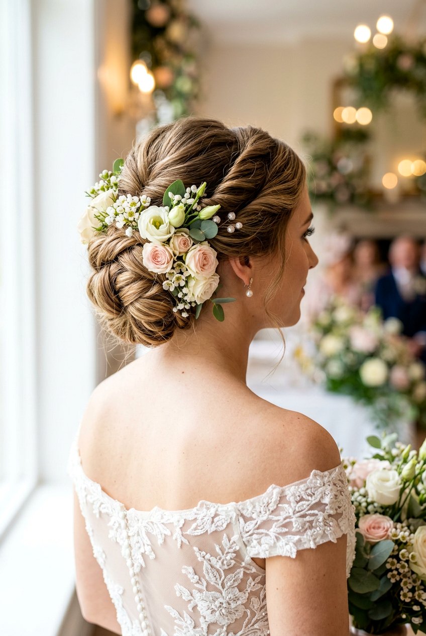 Twisted Updo With Fresh Flowers - 20 bridal hairstyles with fresh flowers - 20 bridal hairstyles with fresh flowers