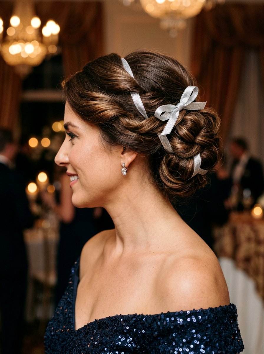 Twisted Updo With Silver Ribbon - 20 silver ribbons for shoulder length hair - 20 silver ribbons for shoulder length hair