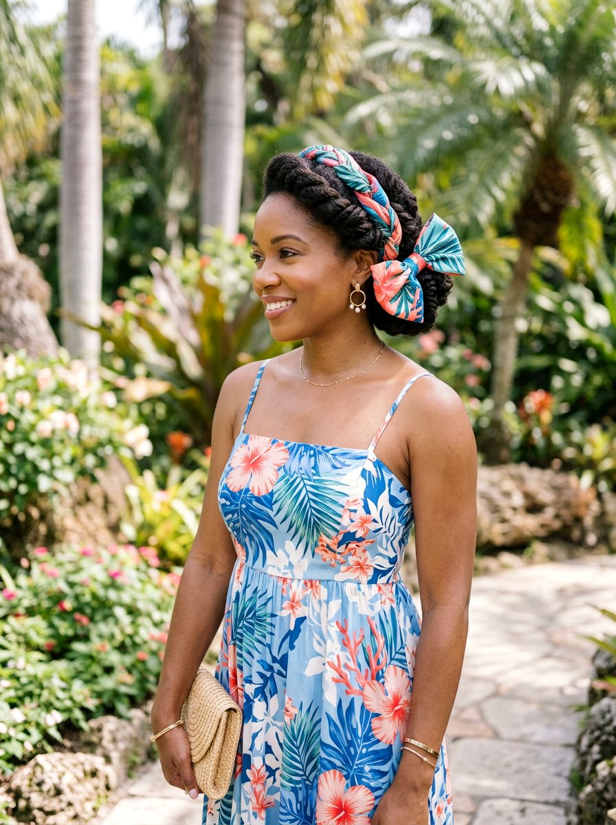 Twisted Updo With Tropical Scarf - 20 vacation hairstyle with tropical scarf - 20 vacation hairstyle with tropical scarf