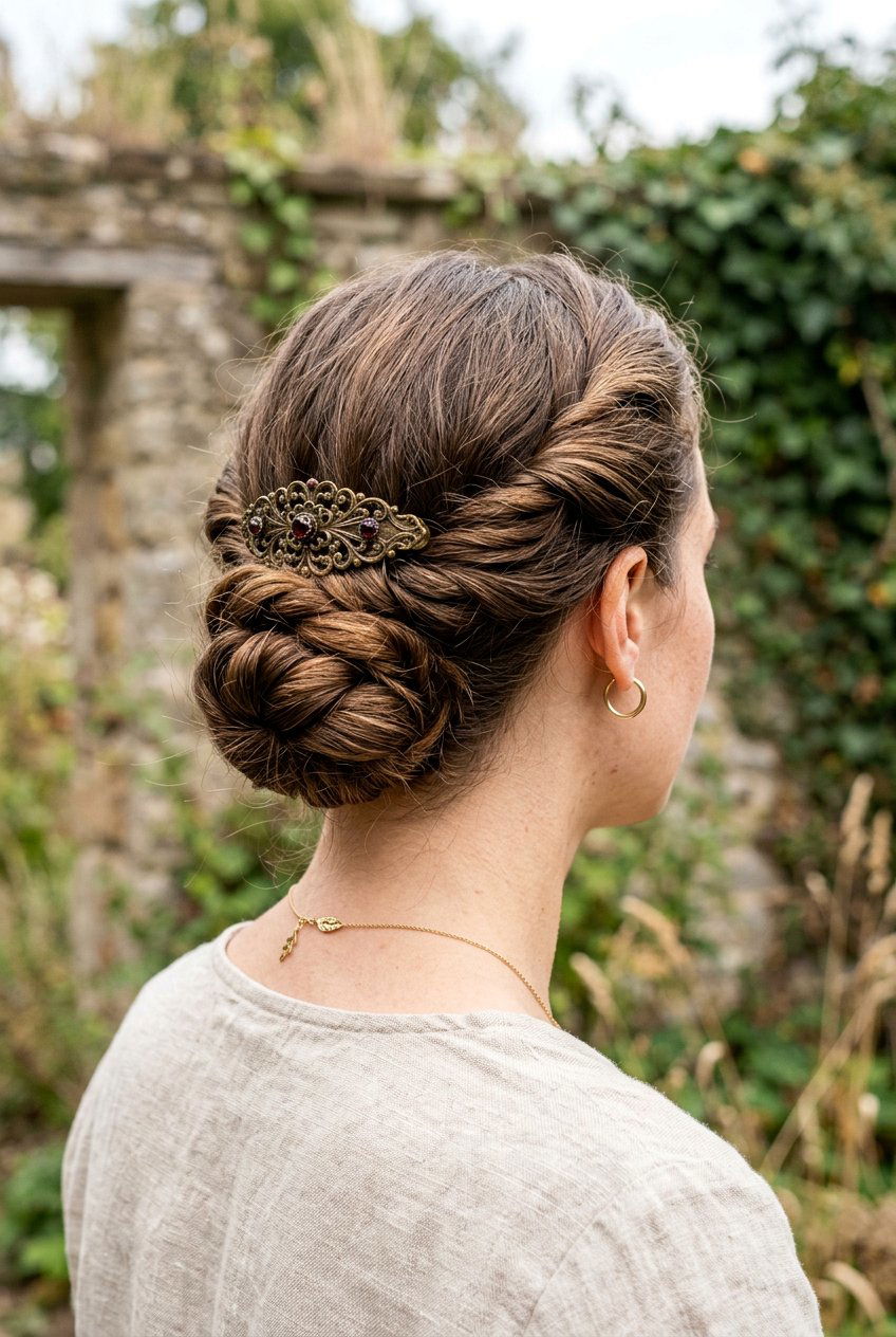 Twisted low bun with antique clip - 20 dark academia bun for women - 20 dark academia bun for women