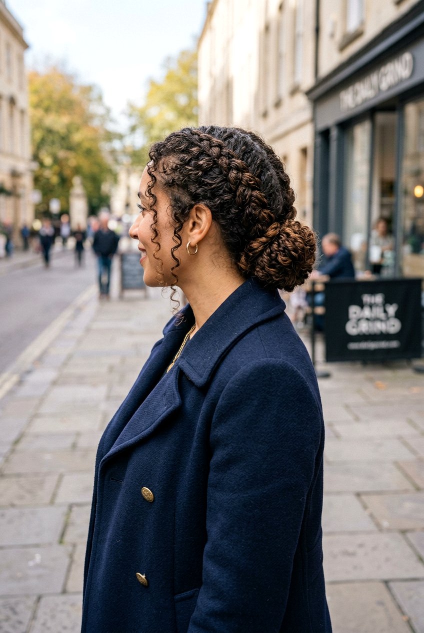 Two Braids into a Bun - 20 airplane hairstyle for curly hair - 20 airplane hairstyle for curly hair