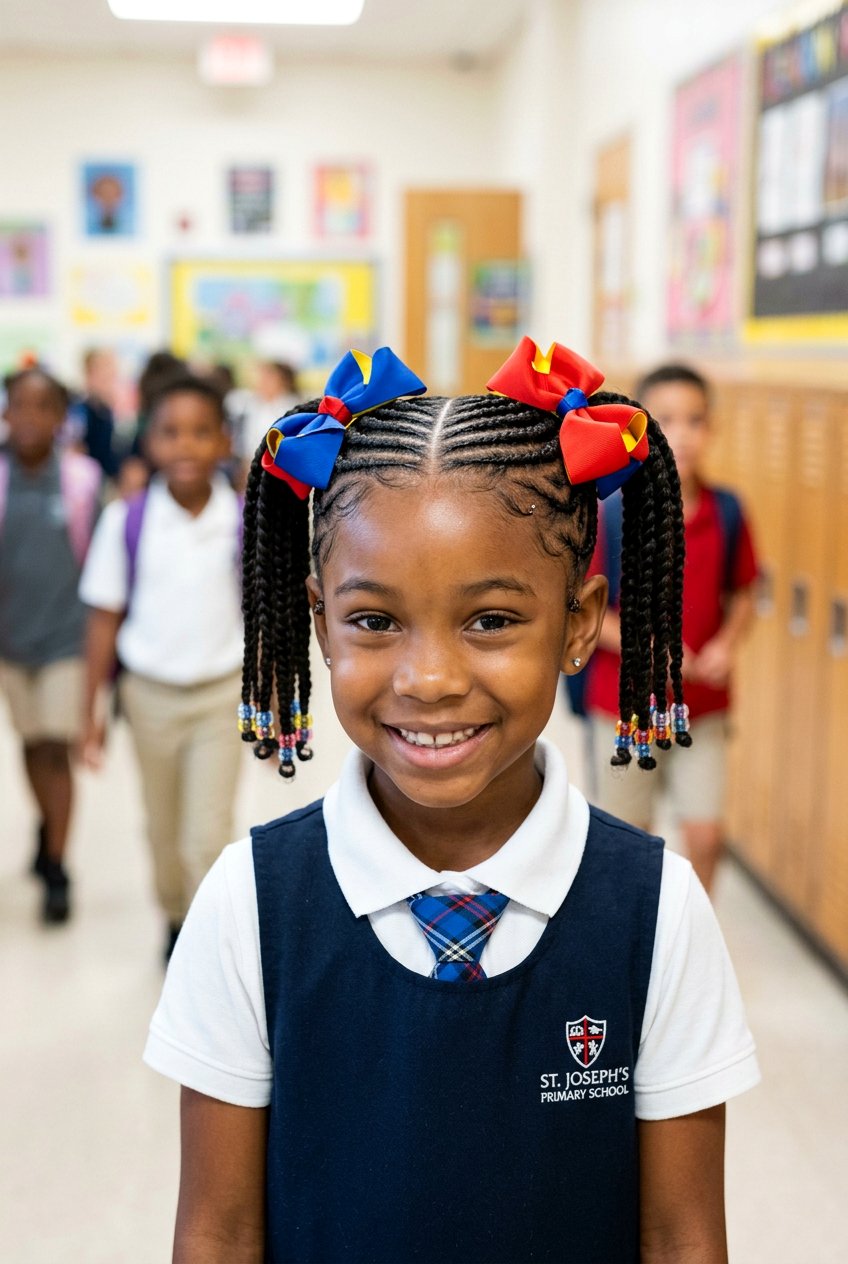 Two Cornrow Ponytails with Ribbon Accessories - 20 school cornrow styles for black girls - 20 school cornrow styles for black girls
