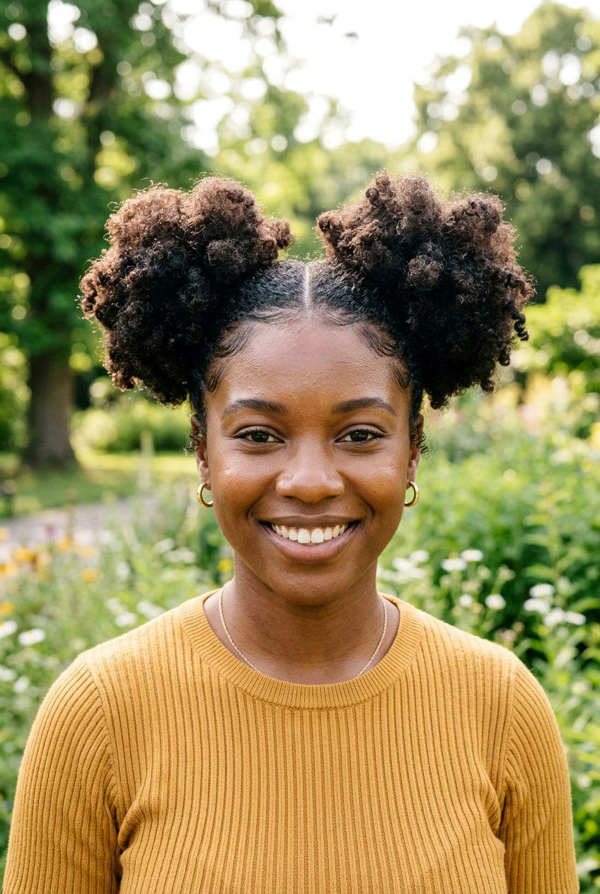 Two Space Buns With Natural Puff - 20 black women natural puff ideas - 20 black women natural puff ideas