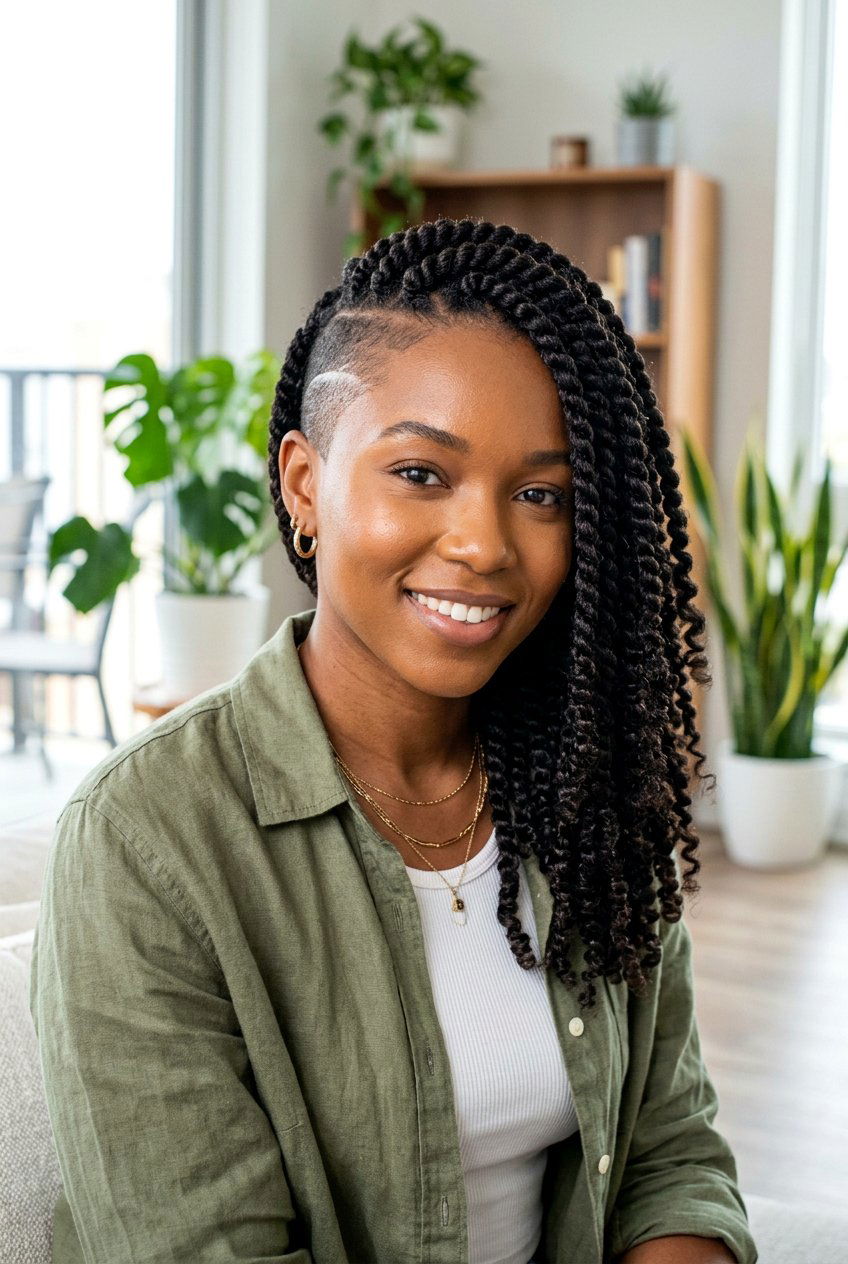 Two Strand Twists with Shaved Side - 20 braided side shave hairstyle - 20 braided side shave hairstyle