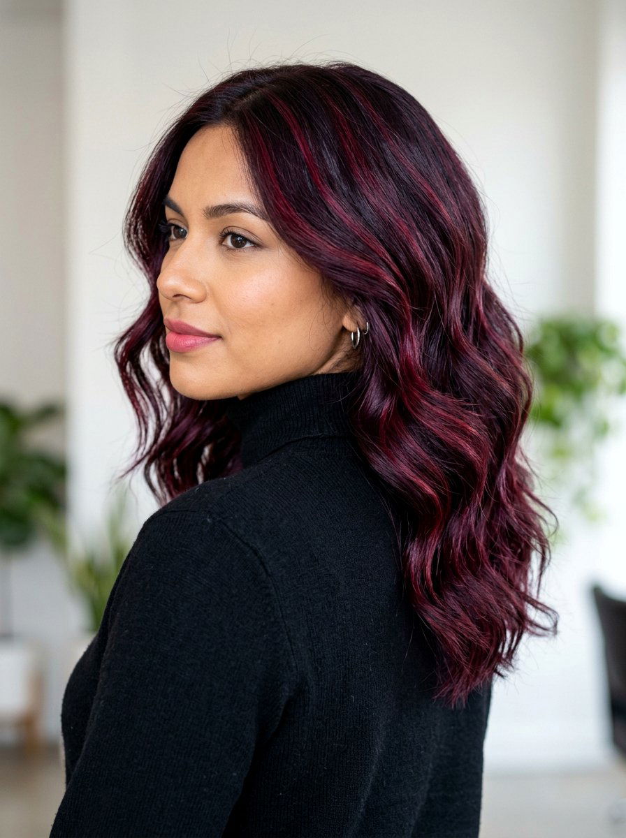 Two Tone Plum Burgundy Highlights - 20 plum burgundy highlights on dark hair - 20 plum burgundy highlights on dark hair