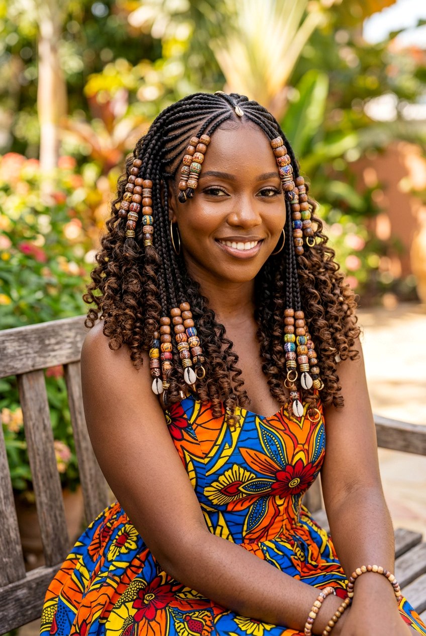 Two layer tribal braids with beads and curls - 20 tribal braids with beads and curls - 20 tribal braids with beads and curls