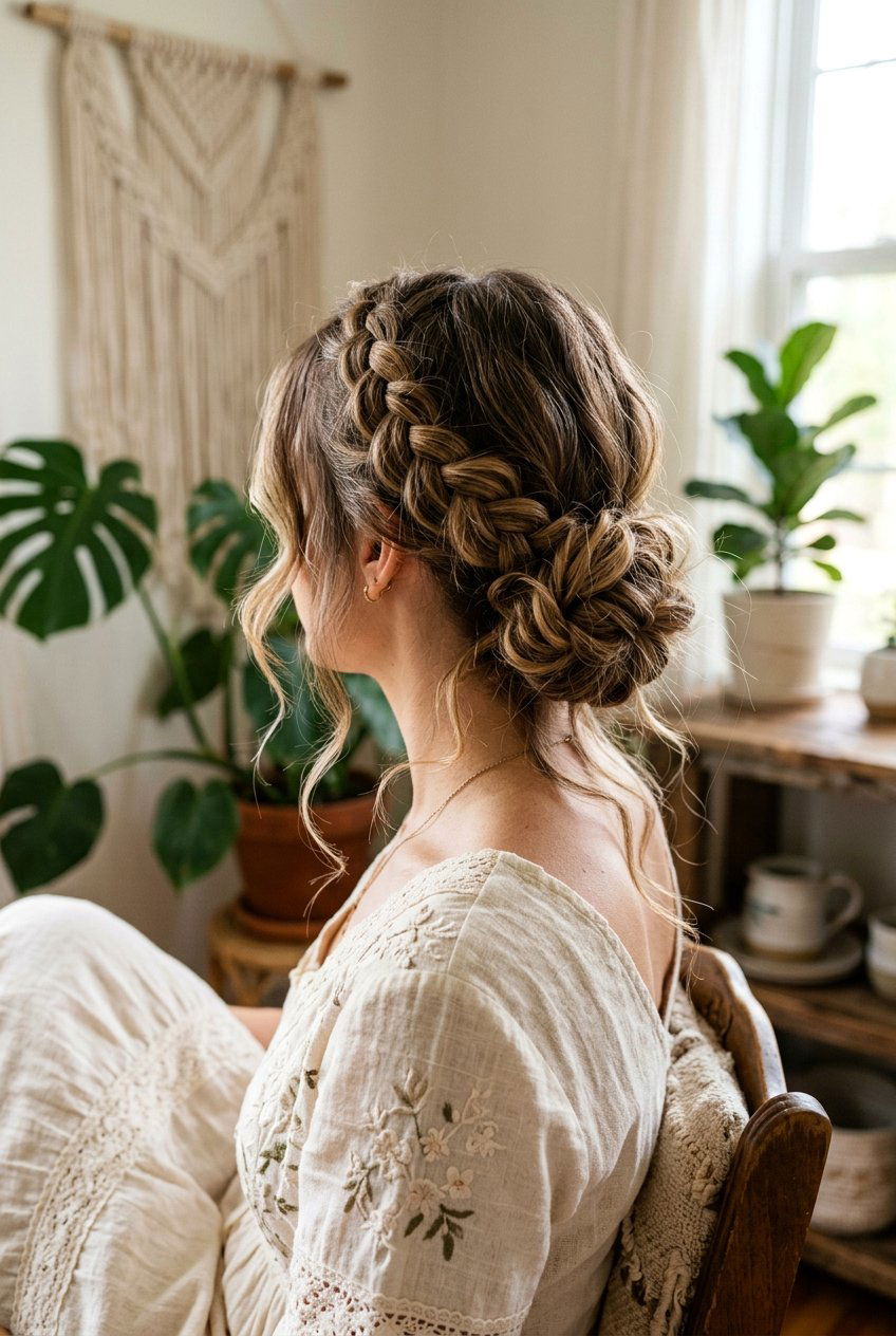 Undone Braided Crown Bun - 20 undone bun hairstyles - 20 undone bun hairstyles
