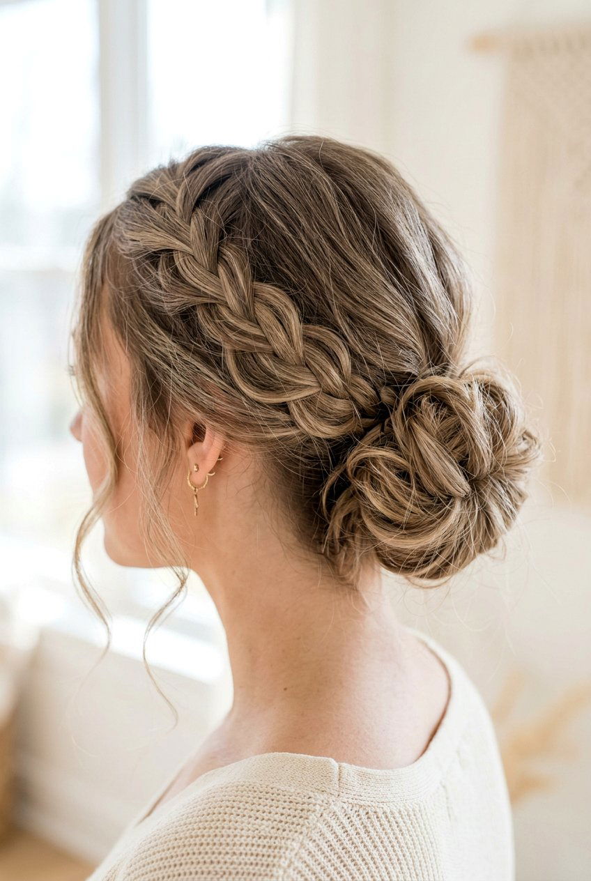 Undone Low Bun With Braid Detail - 20 undone bun hairstyles - 20 undone bun hairstyles