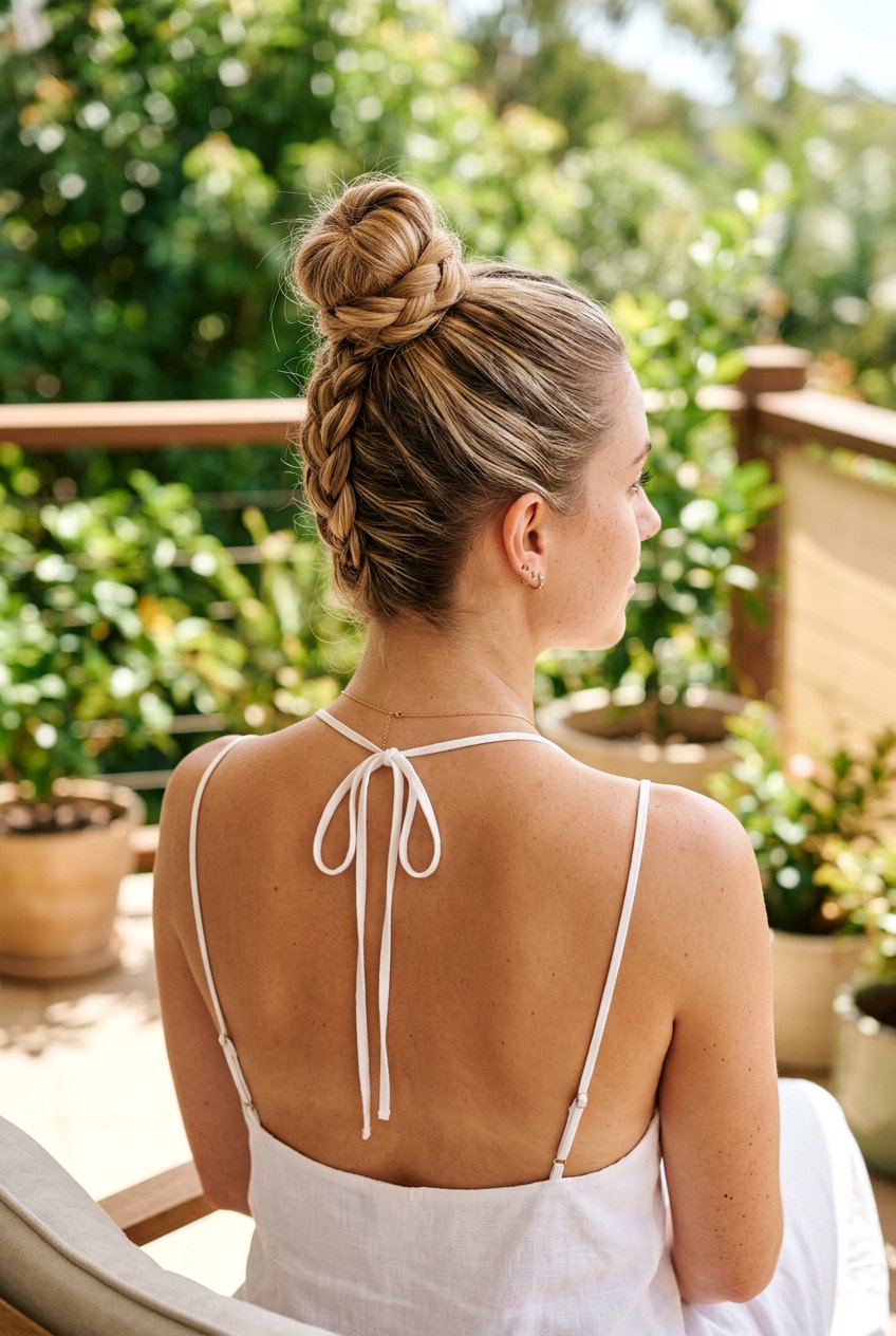Upside Down Braid Bun - 20 summer braid hairstyle for medium hair - 20 summer braid hairstyle for medium hair