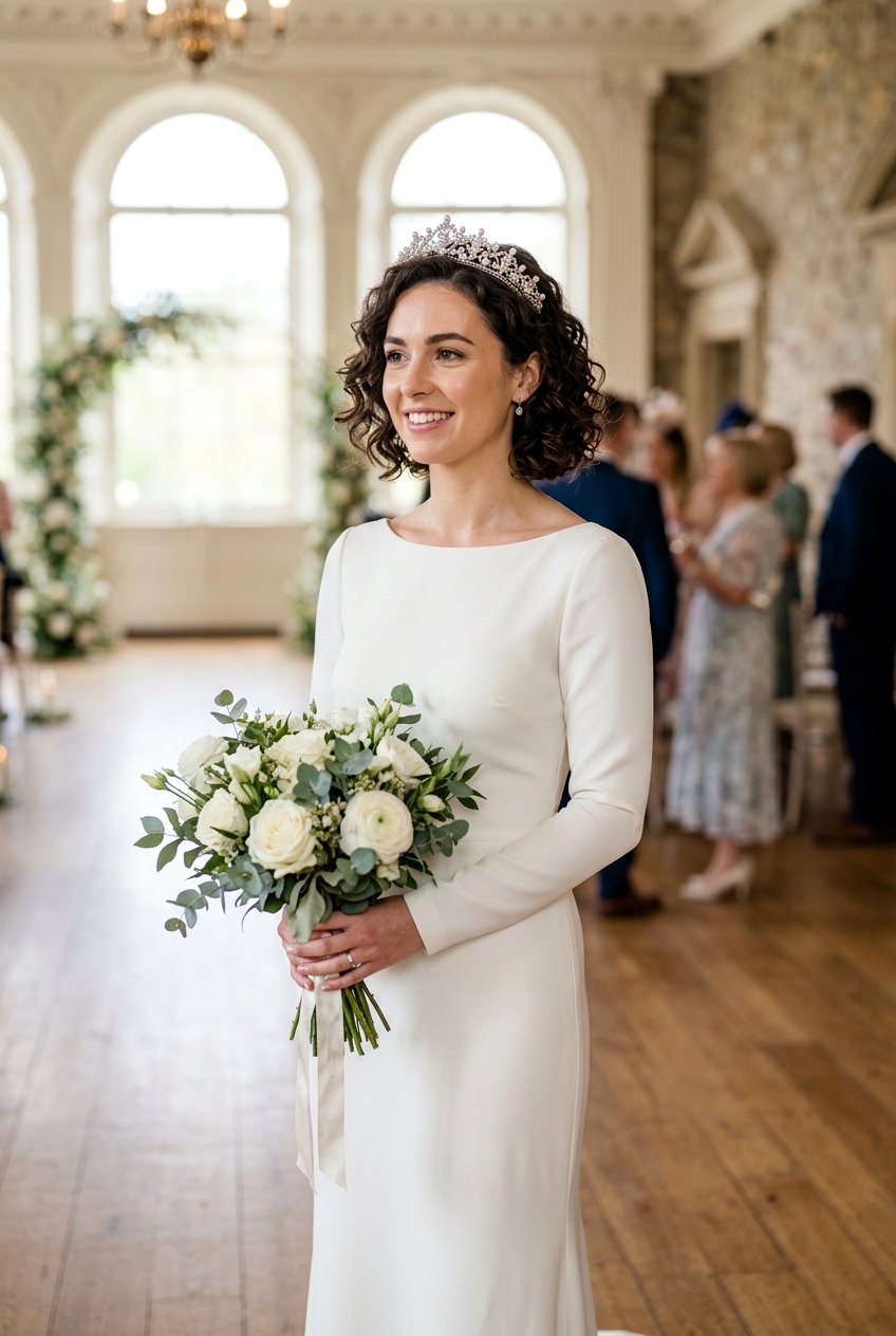 Upswept Curly Bob With Tiara - 20 bridal curls with tiara - 20 bridal curls with tiara