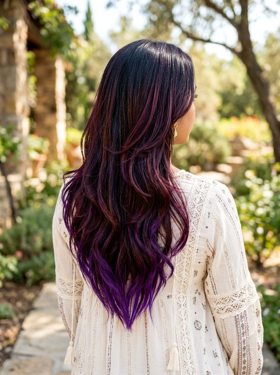 V Cut With Plum Burgundy Highlights - 20 plum burgundy highlights on dark hair