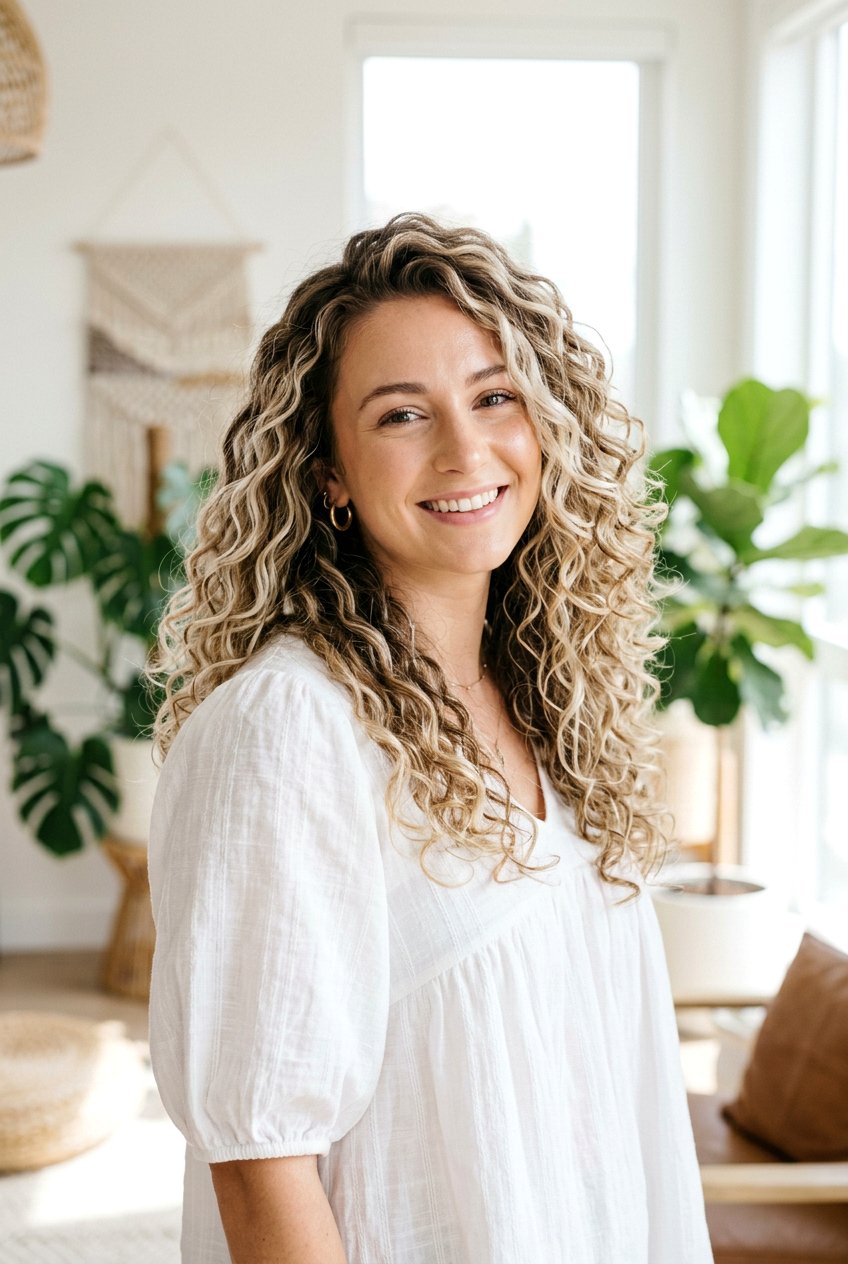 Vanilla Blonde Balayage on Curly Hair - 20 dimensional blonde balayage - 20 dimensional blonde balayage