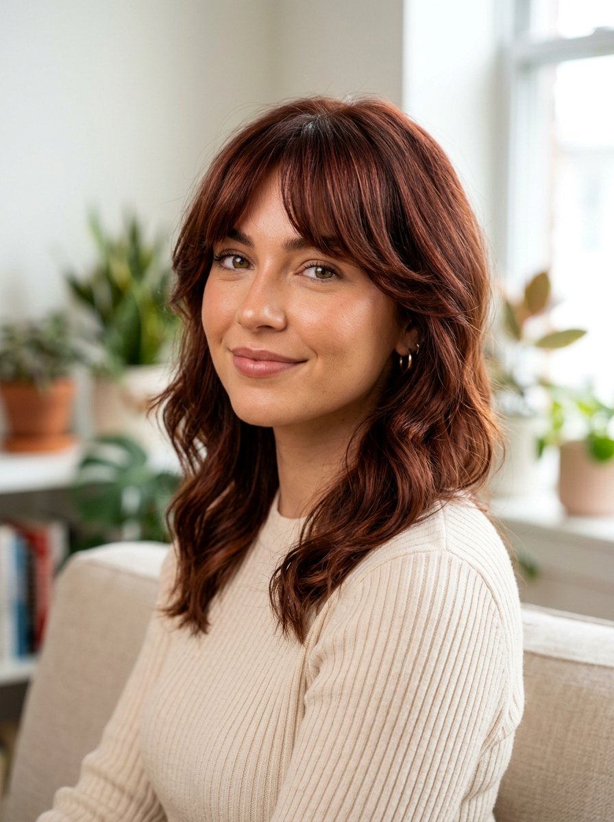 Velvet Red Brown Curtain Bangs Haircut - 20 red brown hair color for winter - 20 red brown hair color for winter