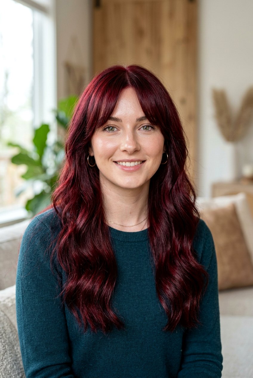 Velvet Red Curtain Bangs Look - 20 velvet red hair color - 20 velvet red hair color