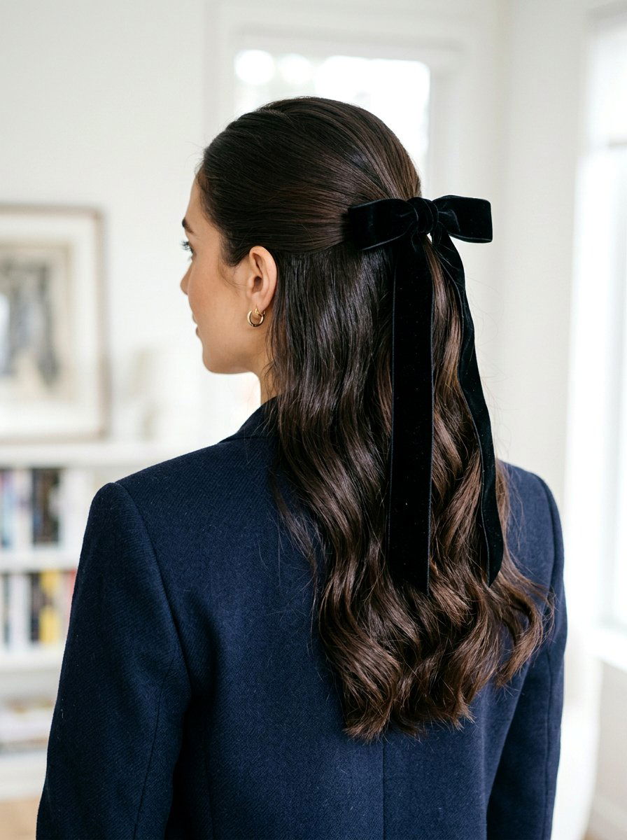 Velvet Ribbon Half Up Ponytail - 20 ribbon bow half up hairstyle - 20 ribbon bow half up hairstyle