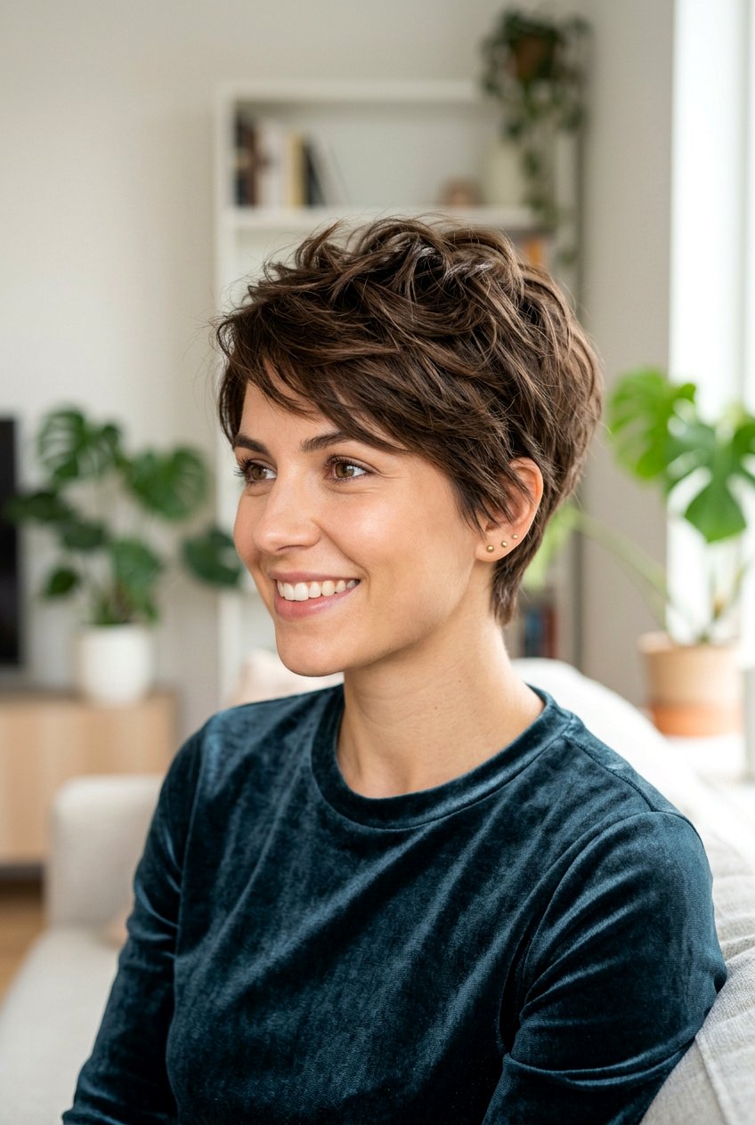 Velvety Brown Textured Pixie - 20 brunette pixie hair color ideas - 20 brunette pixie hair color ideas